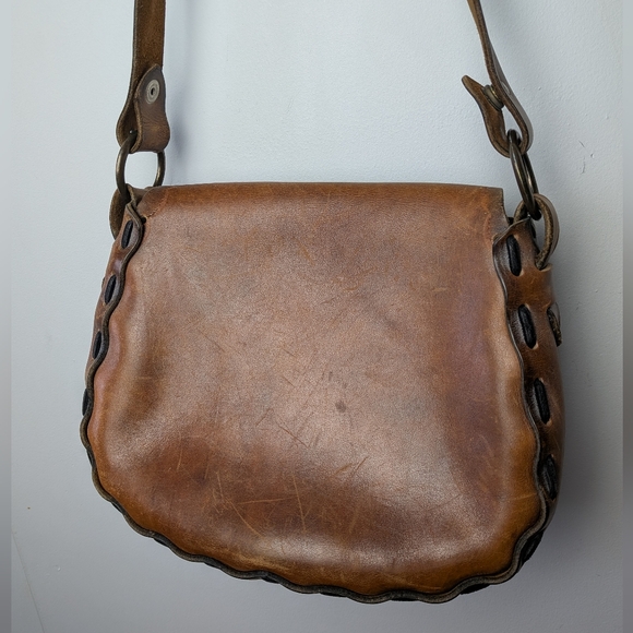 Vintage Rustic Hand Tooled Leather Shoulder Bag Tan Color Medieval Style Boho - Picture 11 of 15